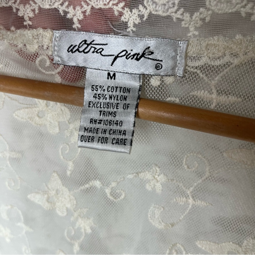 Y2K Vintage Ultra Pink Sheer Butterfly Floral Lace Short Sleeve Cardigan Top - Picture 5 of 8